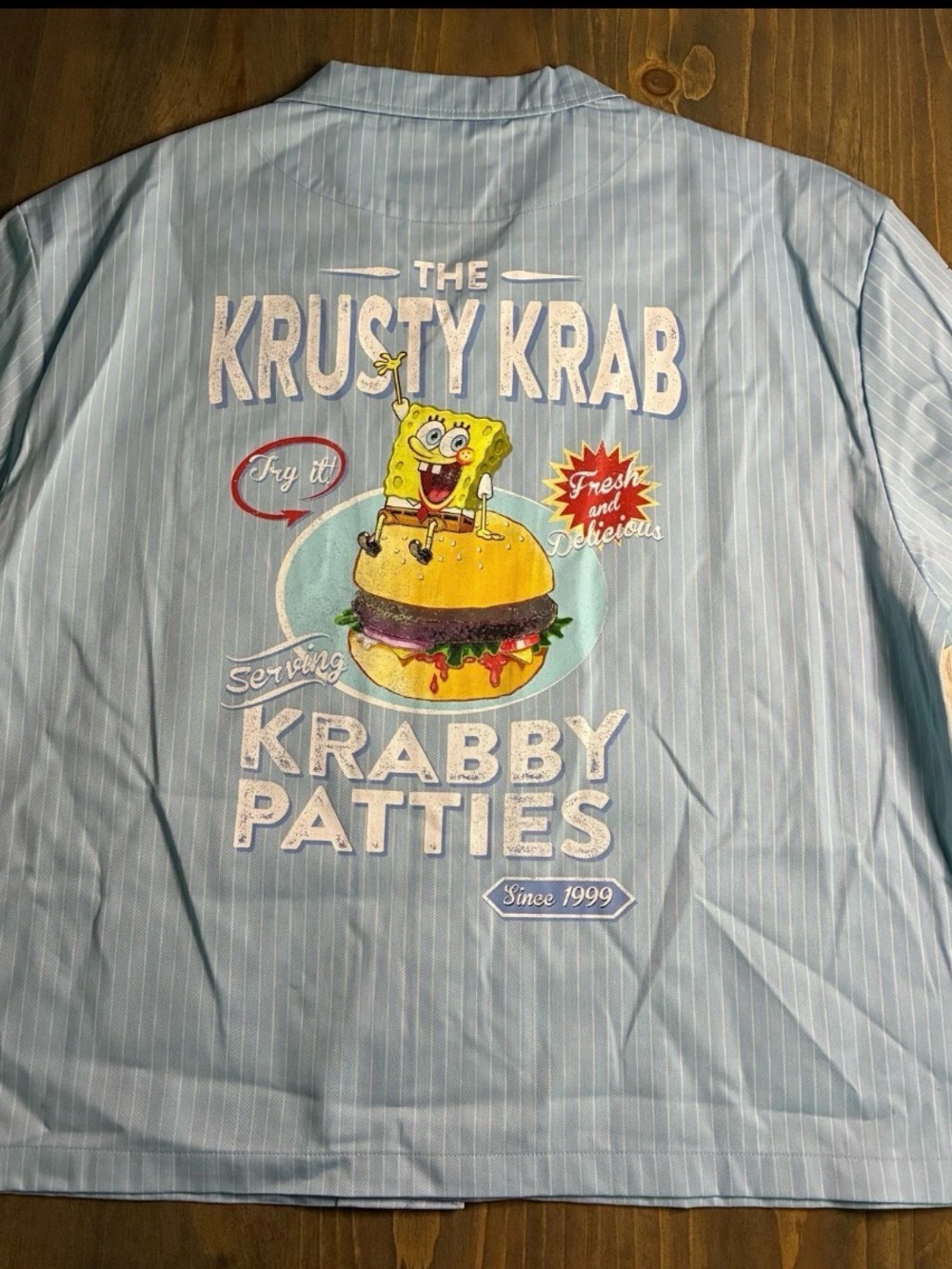 SpongeBob Squarepants Light Blue Pinstripe Krusty Krab Krabby Patties Shirt XL